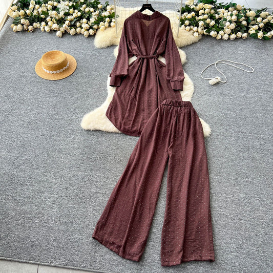 Women’s Rhinestone Shirt & Wide-Leg Pants Set