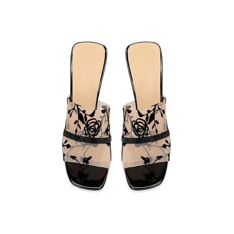 Women’s Rhinestone Lace Mesh High Heel Sandals