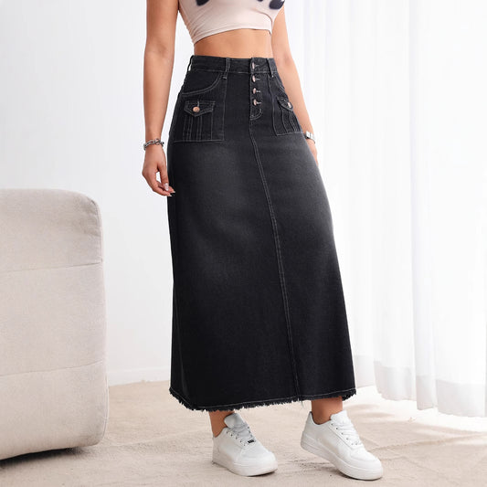 Women’s Vintage Washed Denim Skirt with Multi-Button Front