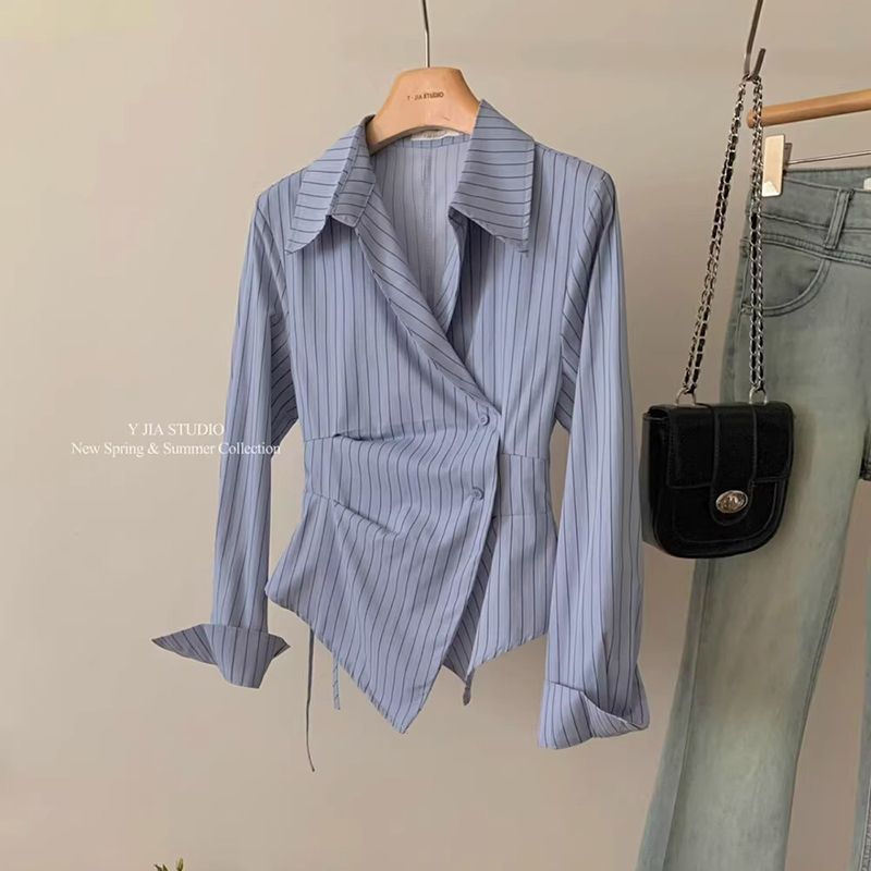 Women’s Korean Style Striped Waist-Cinching Shirt