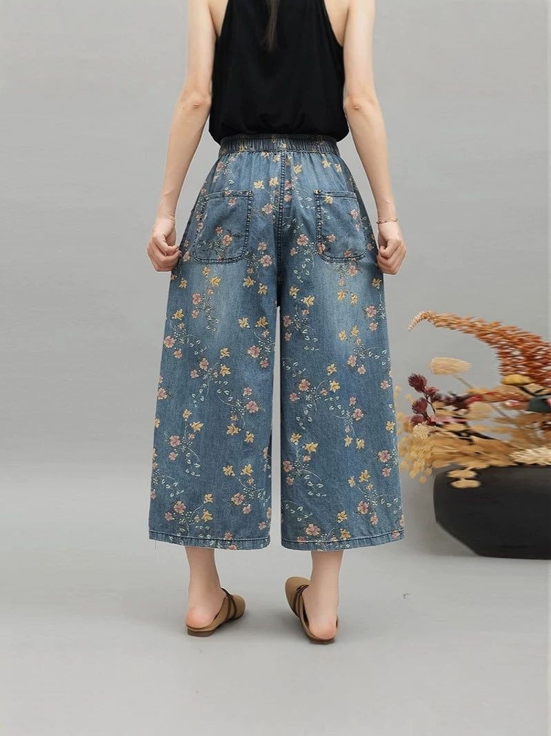 Women’s Printed Wide-Leg Cropped Jeans with Drawstring Waist