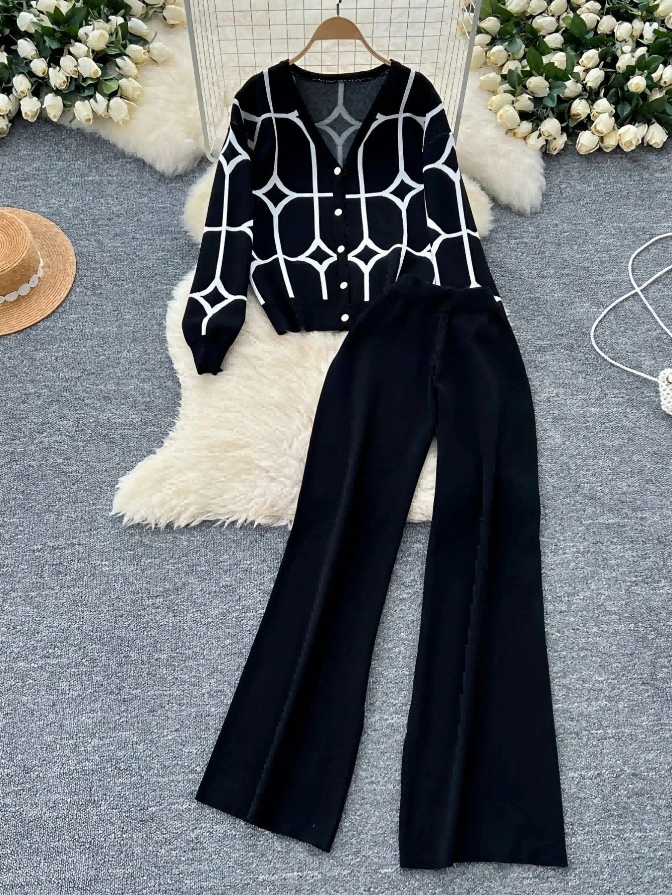 Women’s Jacquard V-Neck Knitted Two-Piece Cardigan Set