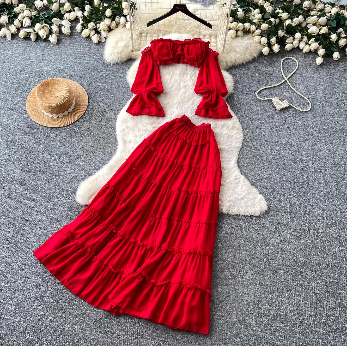 Women’s Off-Shoulder Chiffon Top & Ruffle Midi Skirt Set