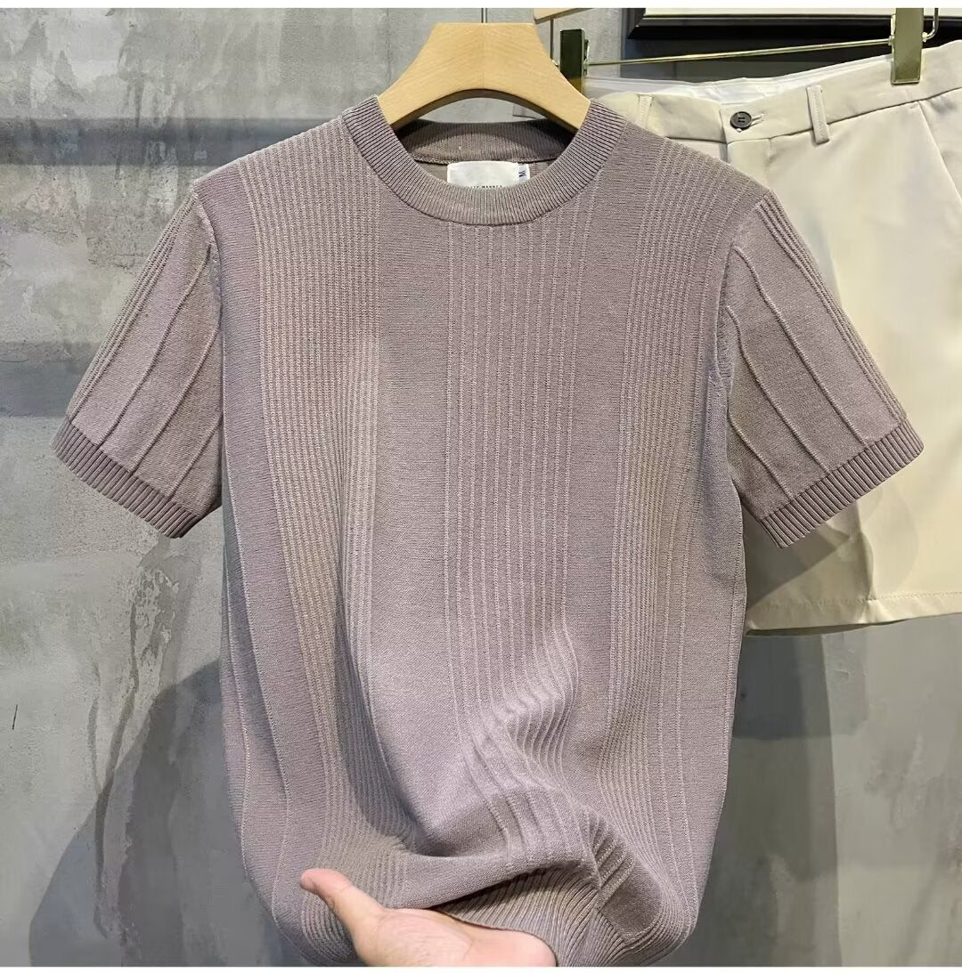 Men’s Vertical Stripe Knitted Short Sleeve T-Shirt