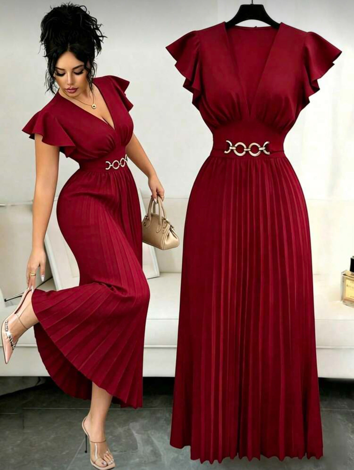 Women’s Elegant V-Neck Ruffle Sleeve Metallic Pleated Maxi Dress