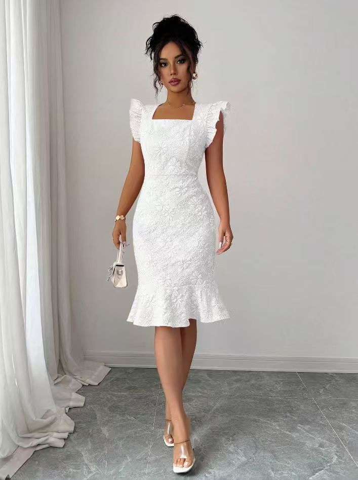 Elegant White Jacquard Mermaid Dres