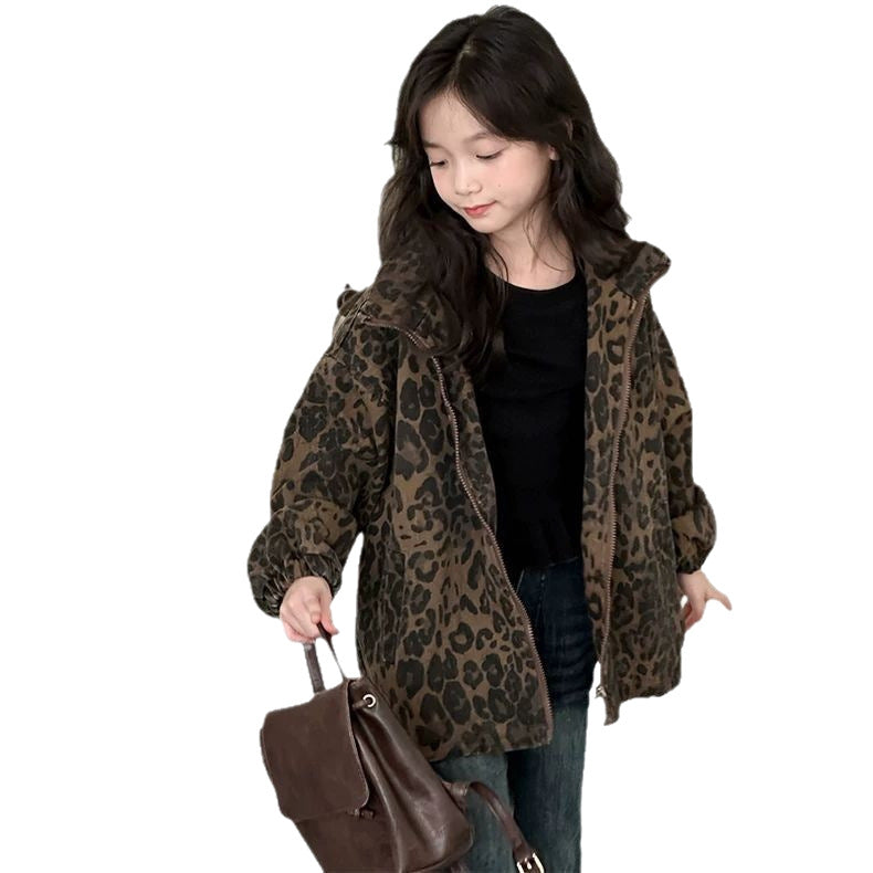 Girls’ Leopard Print Zip-Up Casual Jacket