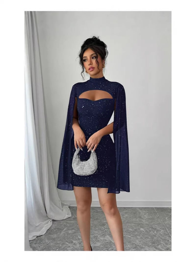 Women’s Gold-Embossed Shawl Sleeve Short Dress