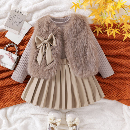Women’s Plush Jacket, Vest & Pleated Skirt Set