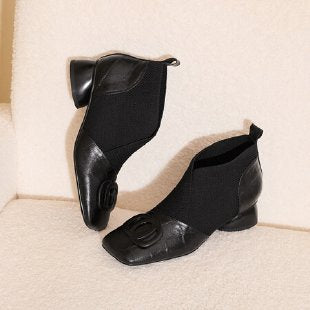 Women’s French Retro Square-Toe V-Cut Block Heel Shoes