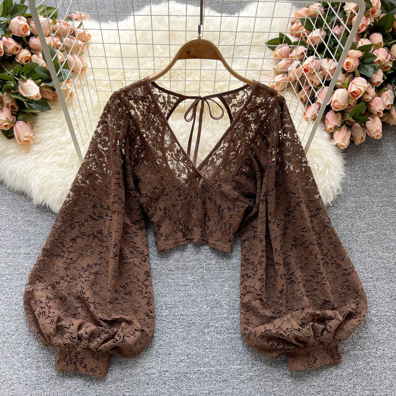 Women’s Lace-Up Open Back Lace Blouse
