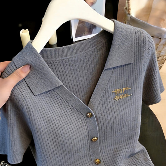 2026 Spring/Summer New Women's Gray Casual V-neck Short-Sleeve Knit Top for Fashionable Commuting and Slimming Top