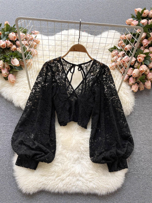 Women’s Lace-Up Open Back Lace Blouse