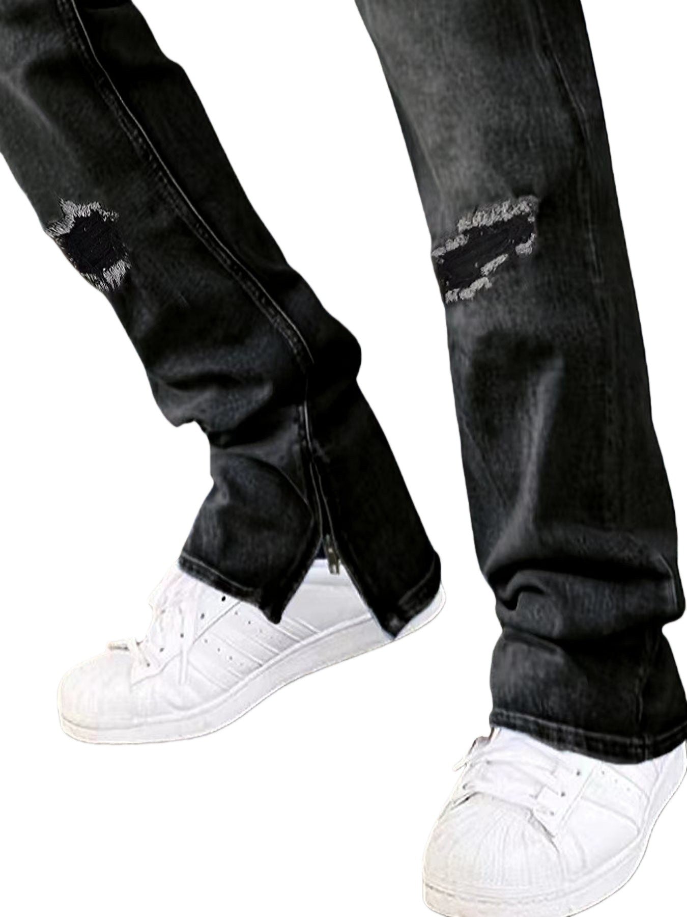 Men’s Ripped Zipper Wash Denim Jeans