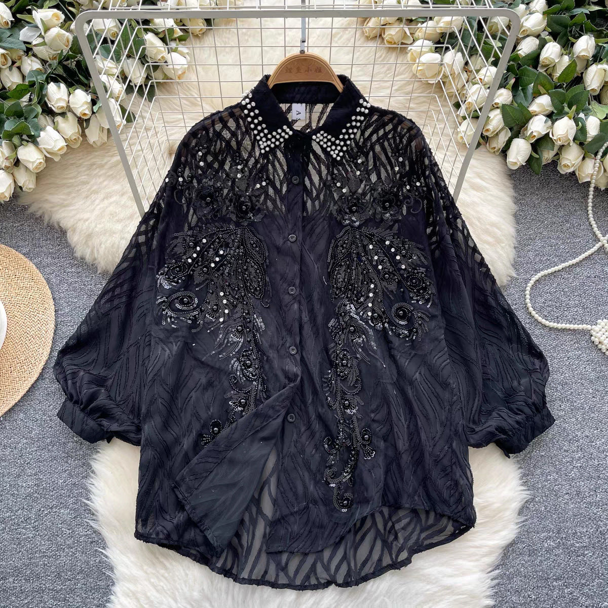 Women’s Sequin Embroidered Balloon Sleeve Blouse