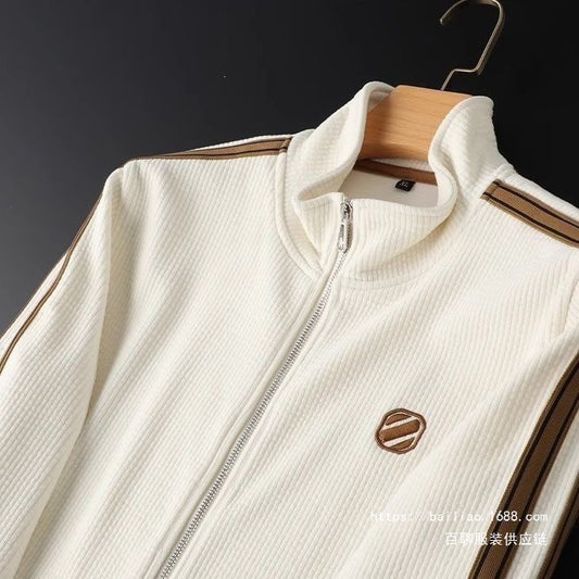 Men’s Solid Color Sport Jacket & Stripe Pants Set