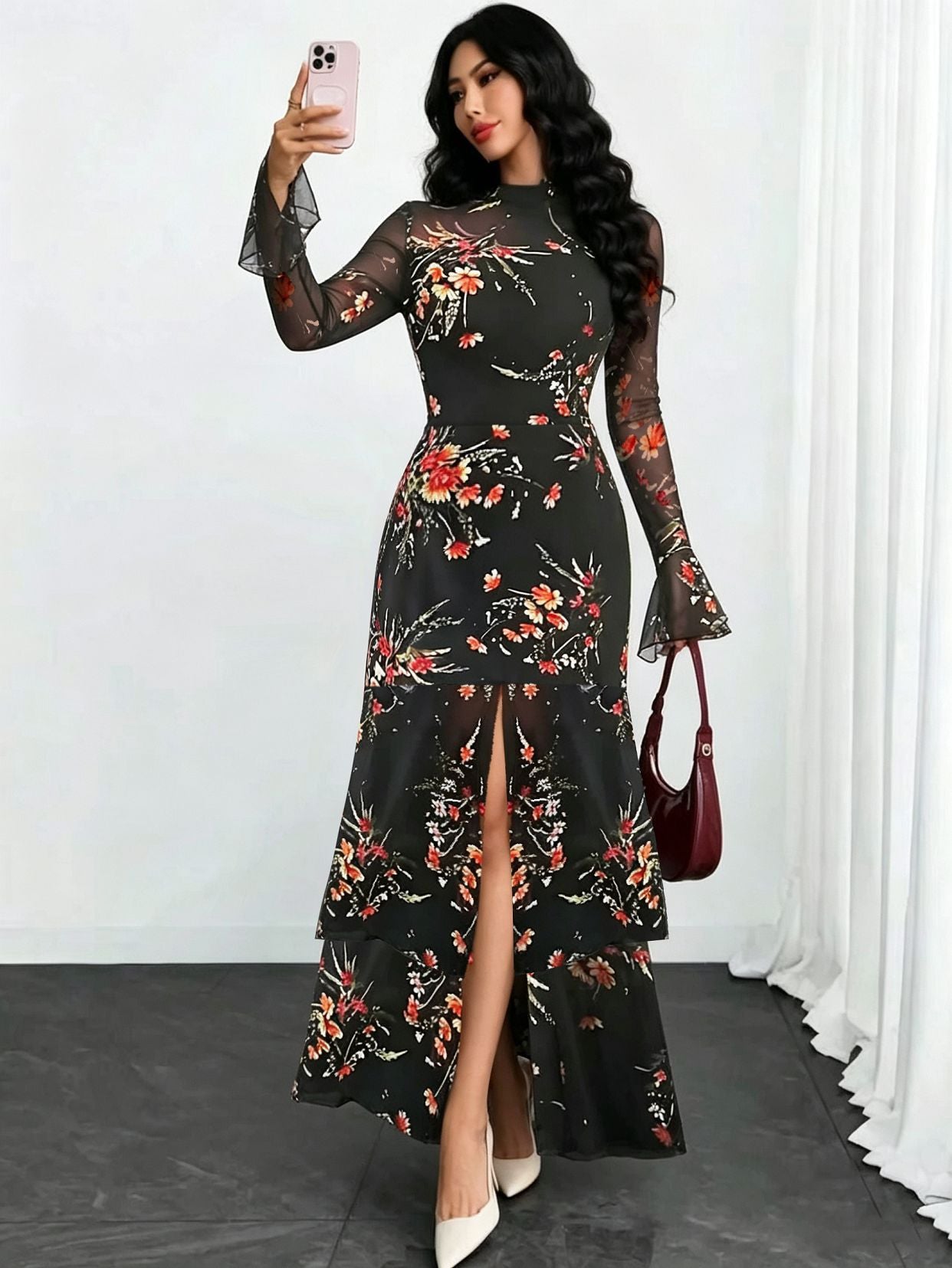 Women’s Semi-High Neck Slit Banquet Maxi Dress
