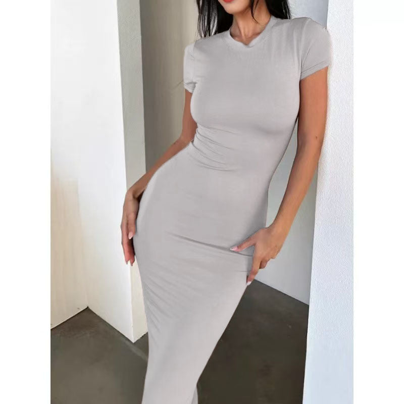 Women’s Solid Color Slim Fit Short Sleeve Midi Dress