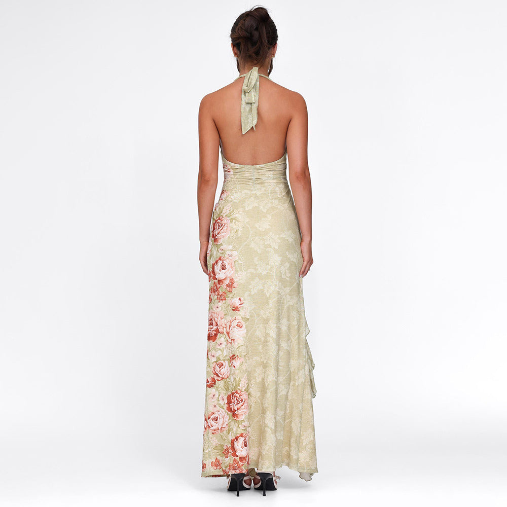 Women’s Halter Neck Printed Backless High Slit Maxi Dress