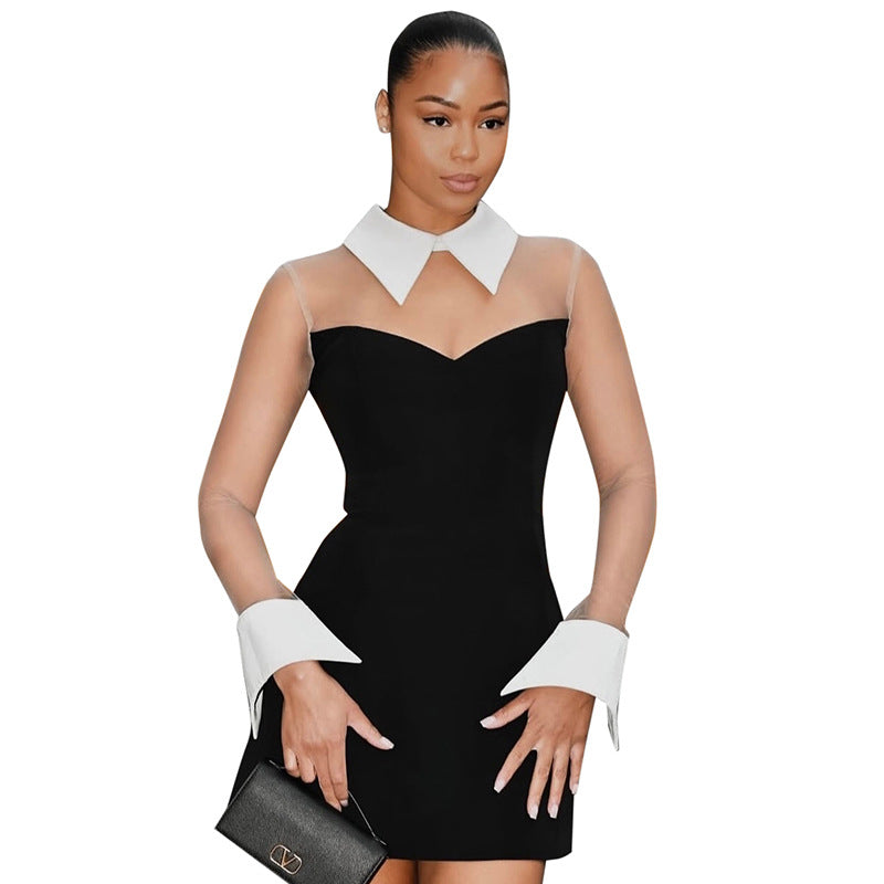 Women’s Mesh Patchwork Lapel Zip A-Line Dress