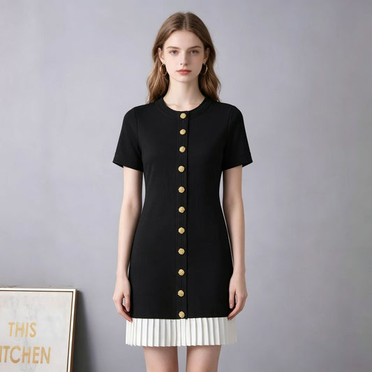 Women’s French Patchwork Knit Pleated Short Sleeve Dress