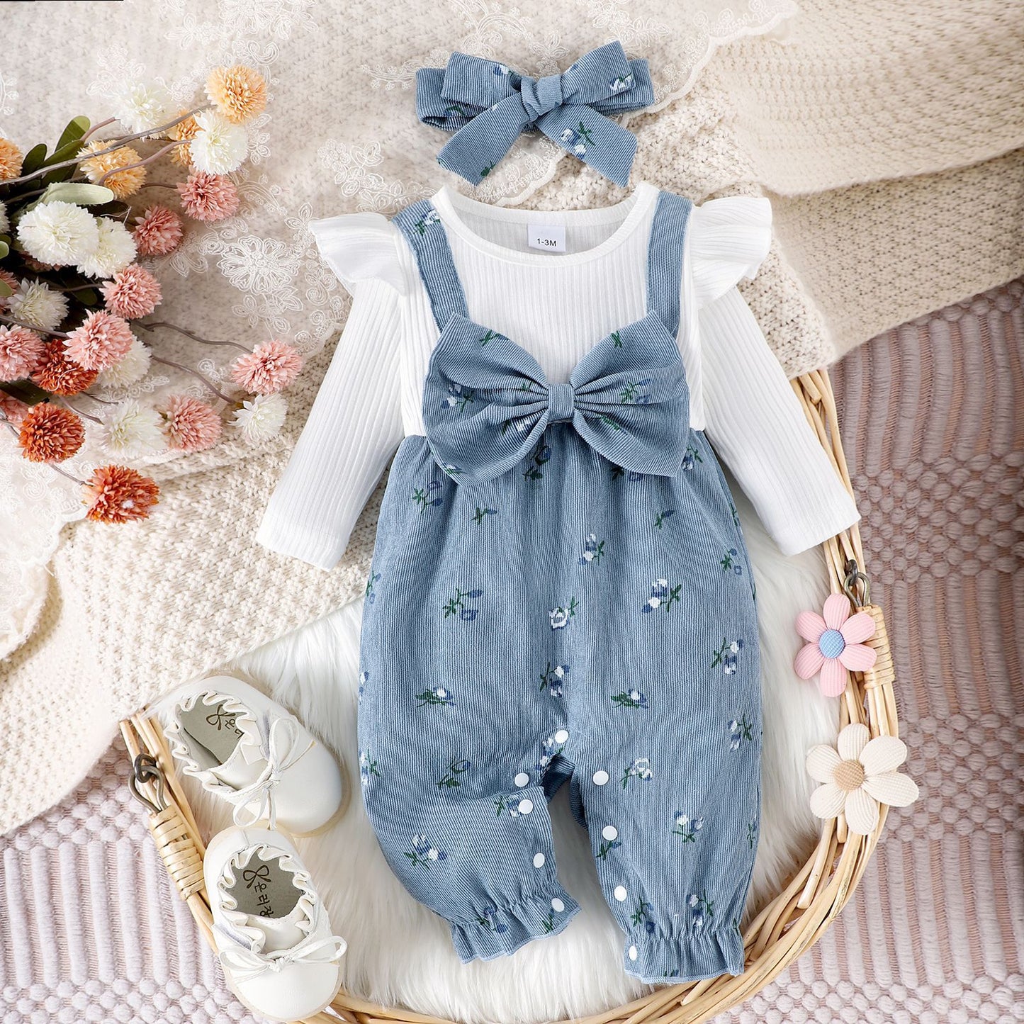 Baby Girls’ Headband, Top & Overall 3-Piece Set