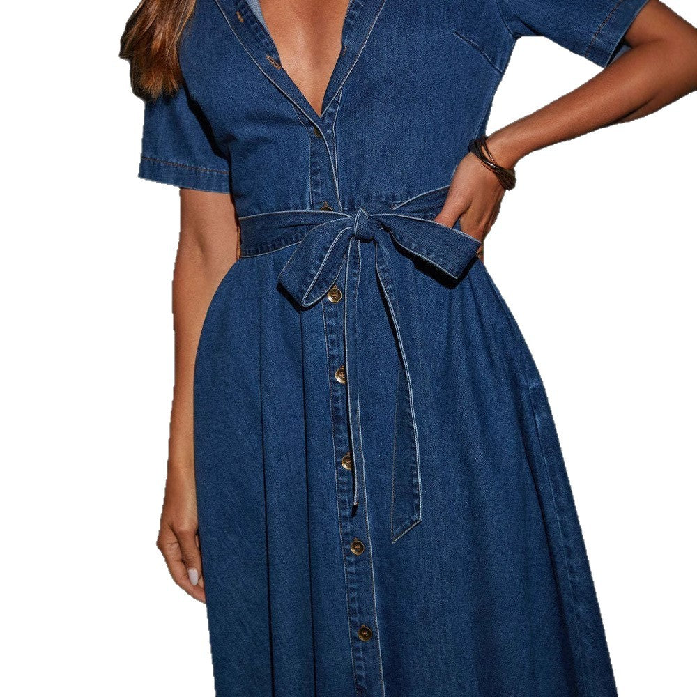 Vintage V-Neck Denim Maxi Dress