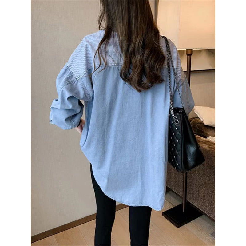 Women’s Striped Patchwork Denim Shirt Jacket