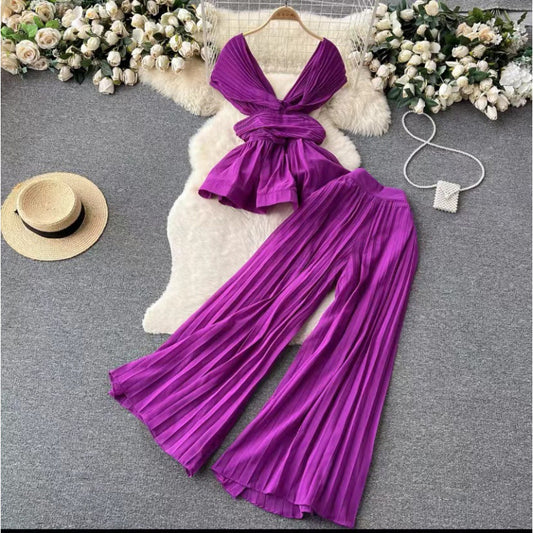 Women’s Pleated Chiffon Top & Wide-Leg Trousers Set