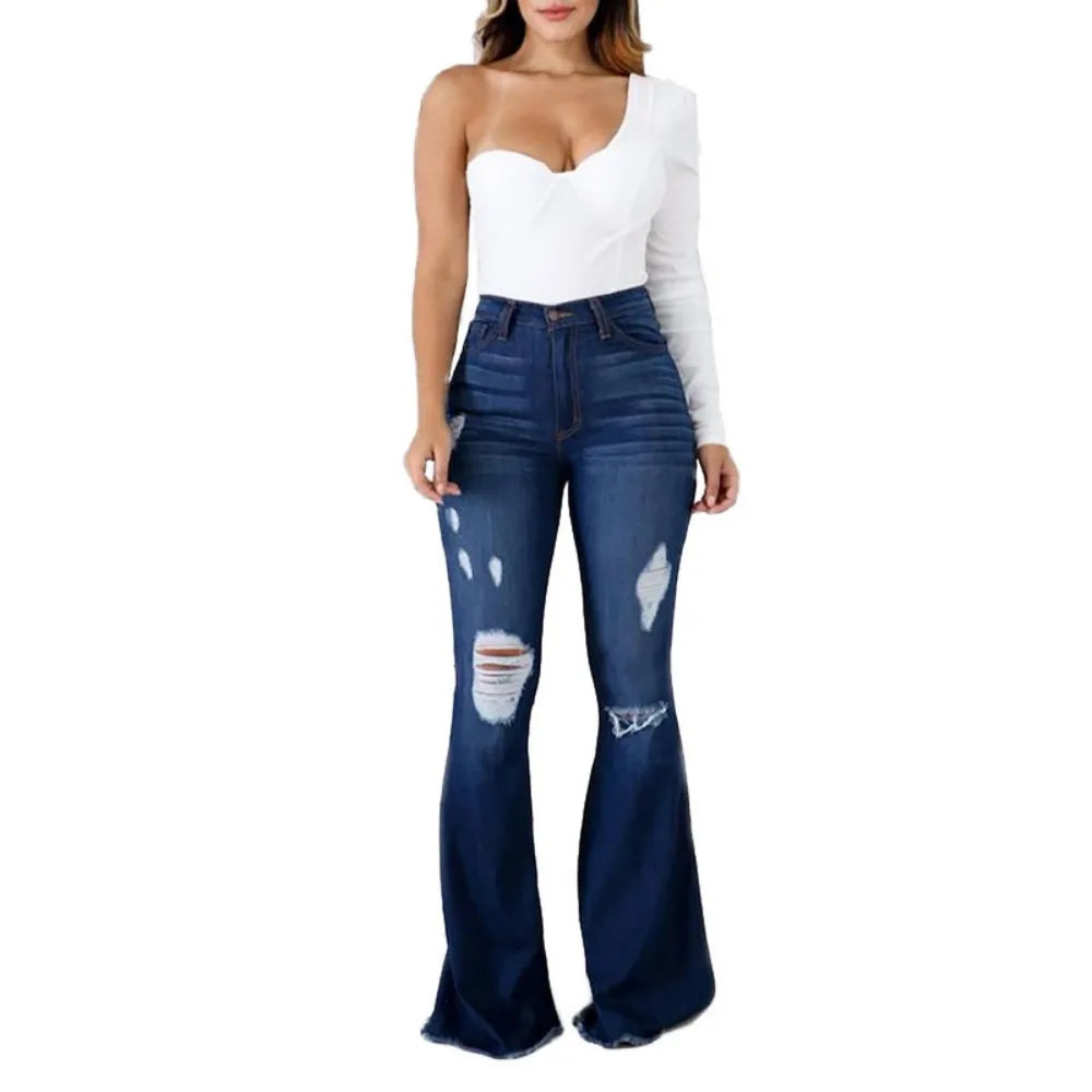 High Waist Flared Ripped Jeans for Women