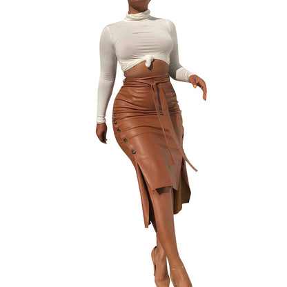 Women’s PU Leather Slit Midi Pencil Skirt