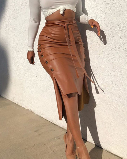 Women’s PU Leather Slit Midi Pencil Skirt