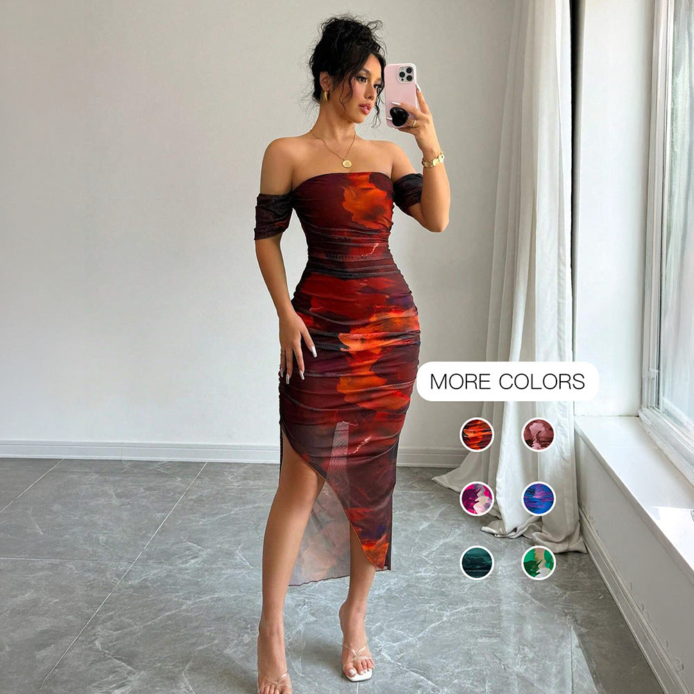 Women’s Off-Shoulder Tie-Dye Mesh Slit Pencil Dress