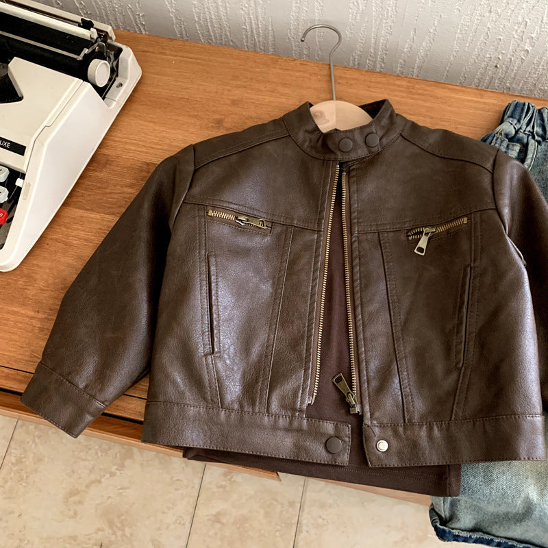 Kids’ Vintage Stand Collar Leather-Look Jacket