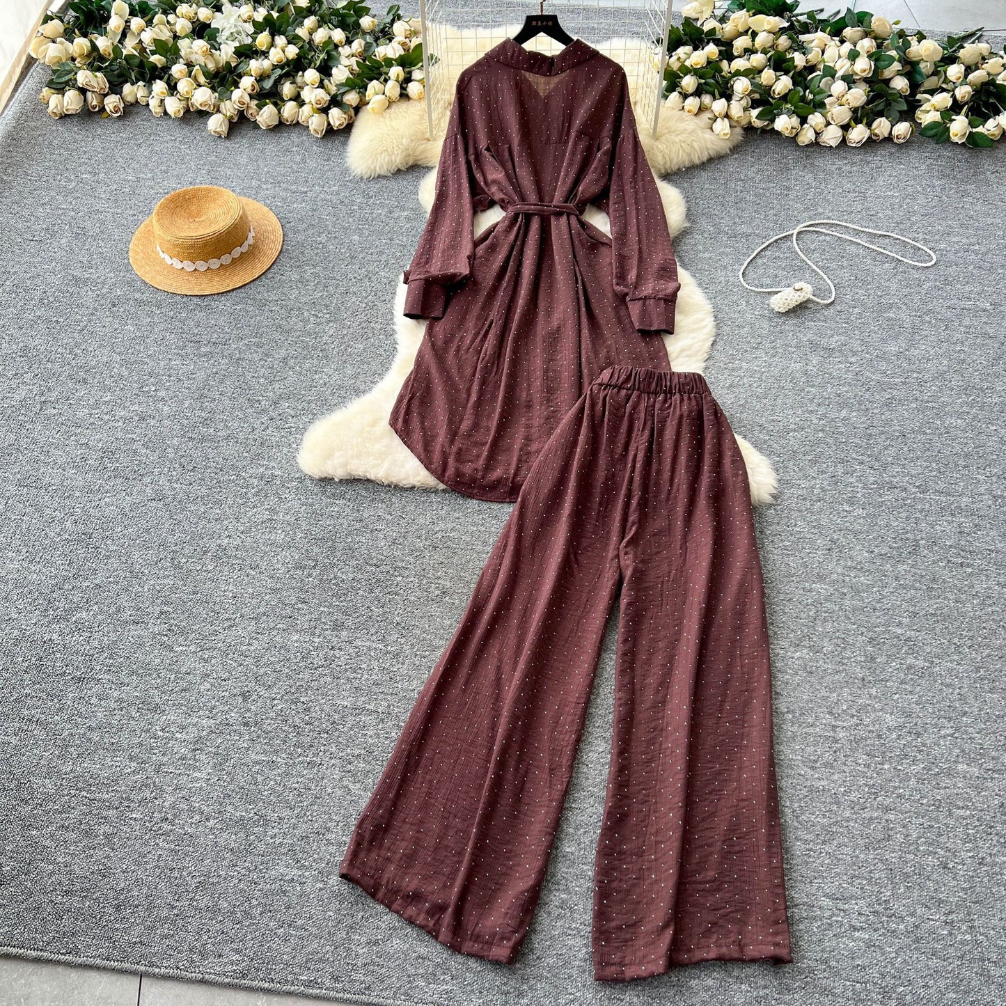 Women’s Rhinestone Shirt & Wide-Leg Pants Set