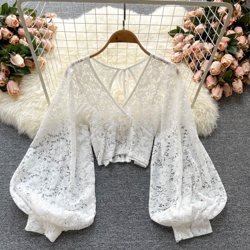 Women’s Lace-Up Open Back Lace Blouse