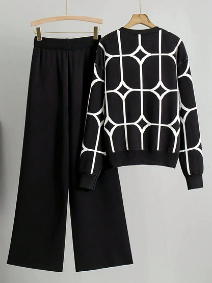 Women’s Jacquard V-Neck Knitted Two-Piece Cardigan Set