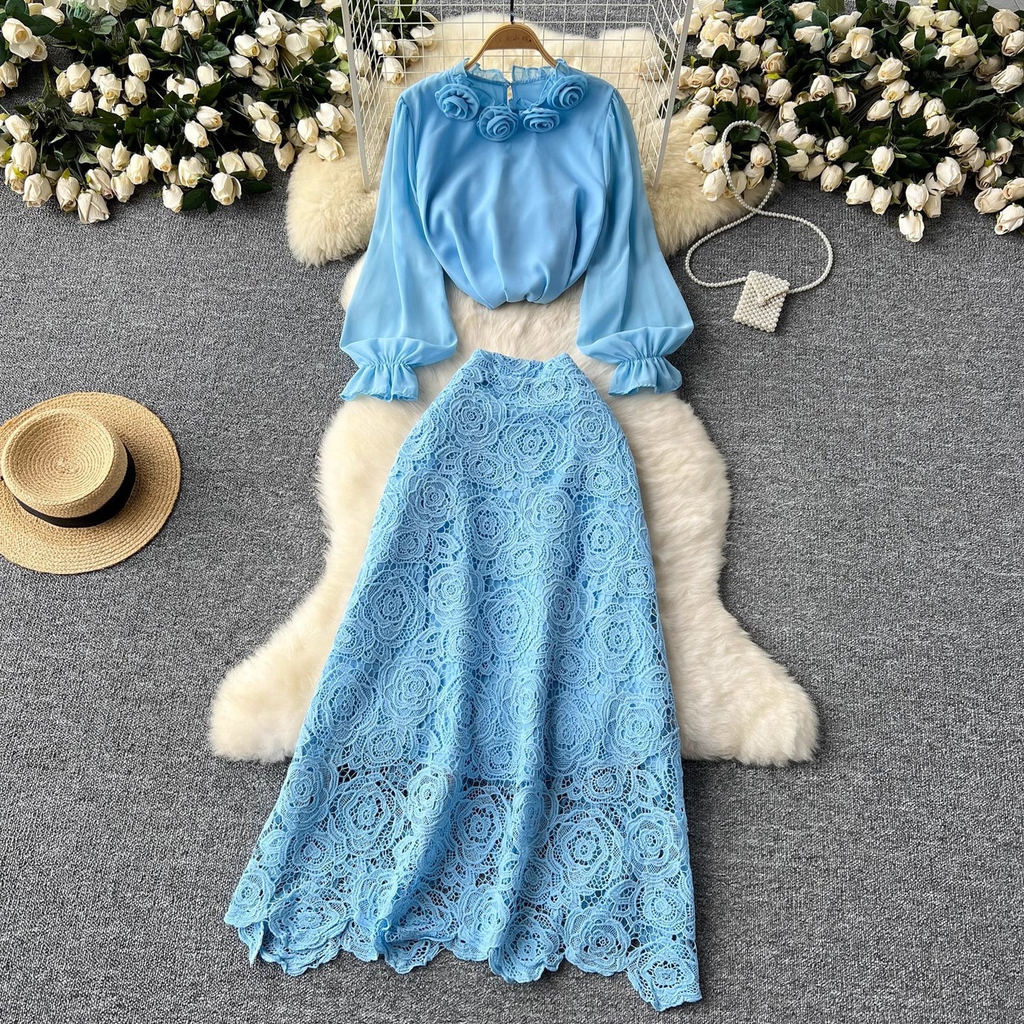 Women’s Floral Blouse & Lace Midi Skirt Set