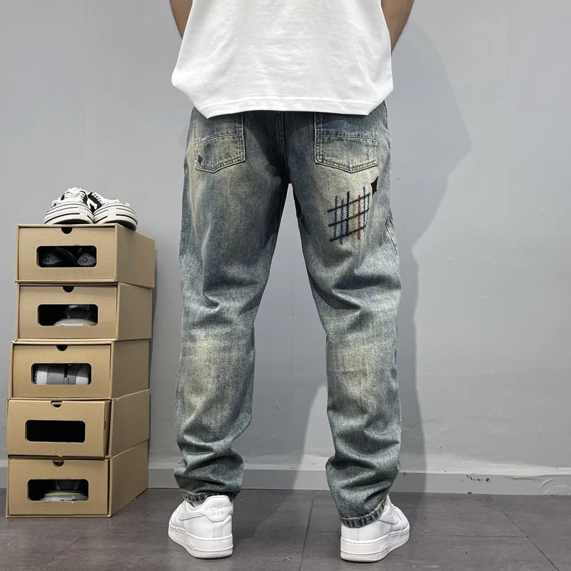 Men’s Heavy Washed Embroidered Patch Straight Jeans
