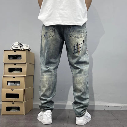 Men’s Heavy Washed Embroidered Patch Straight Jeans