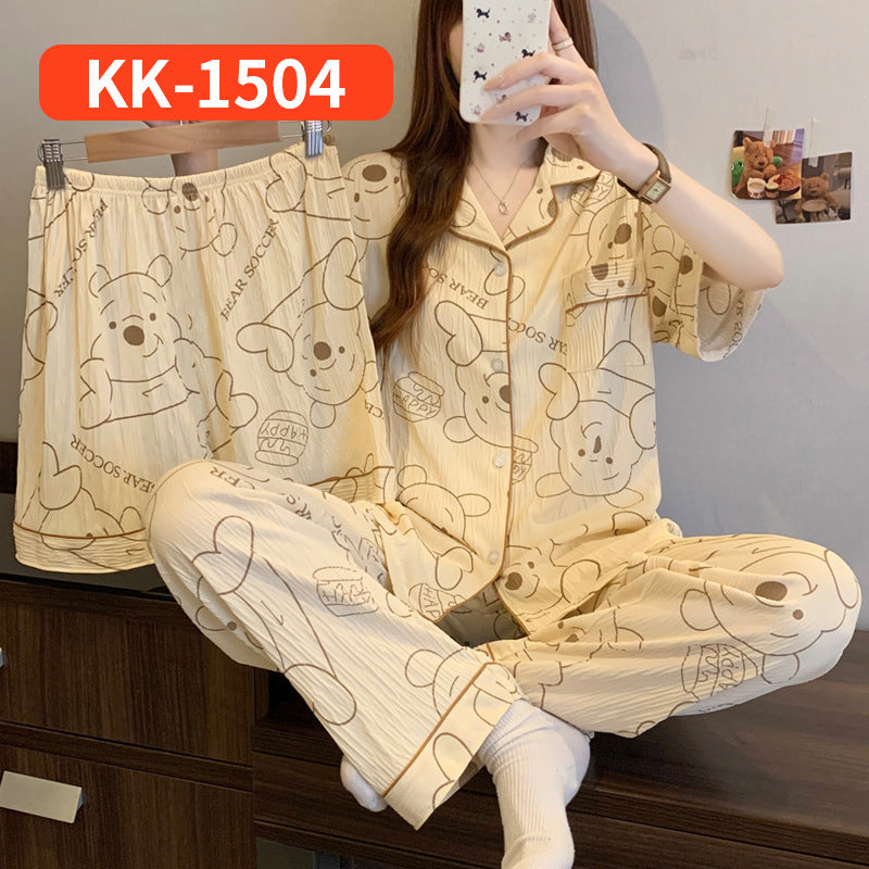 Women’s Korean Style Striped Bow 3-Piece Pajama Set