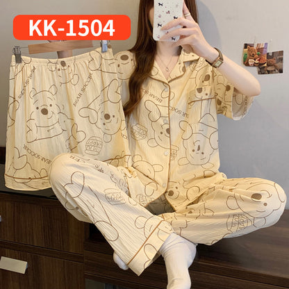 Women’s Korean Style Striped Bow 3-Piece Pajama Set