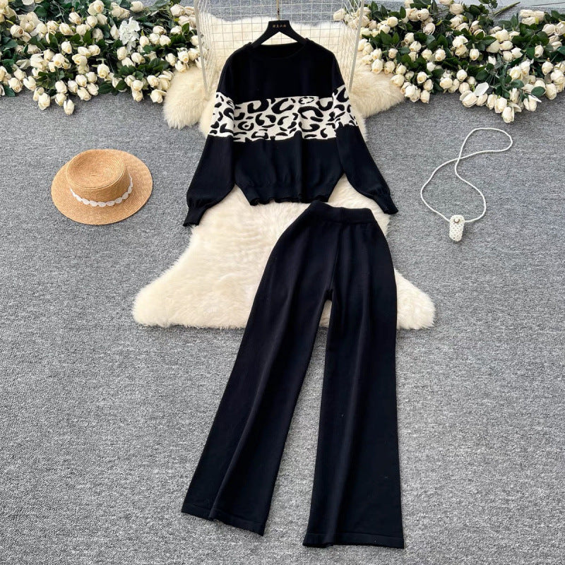 Women’s Leopard Print Knit Top & Wide-Leg Pants Set