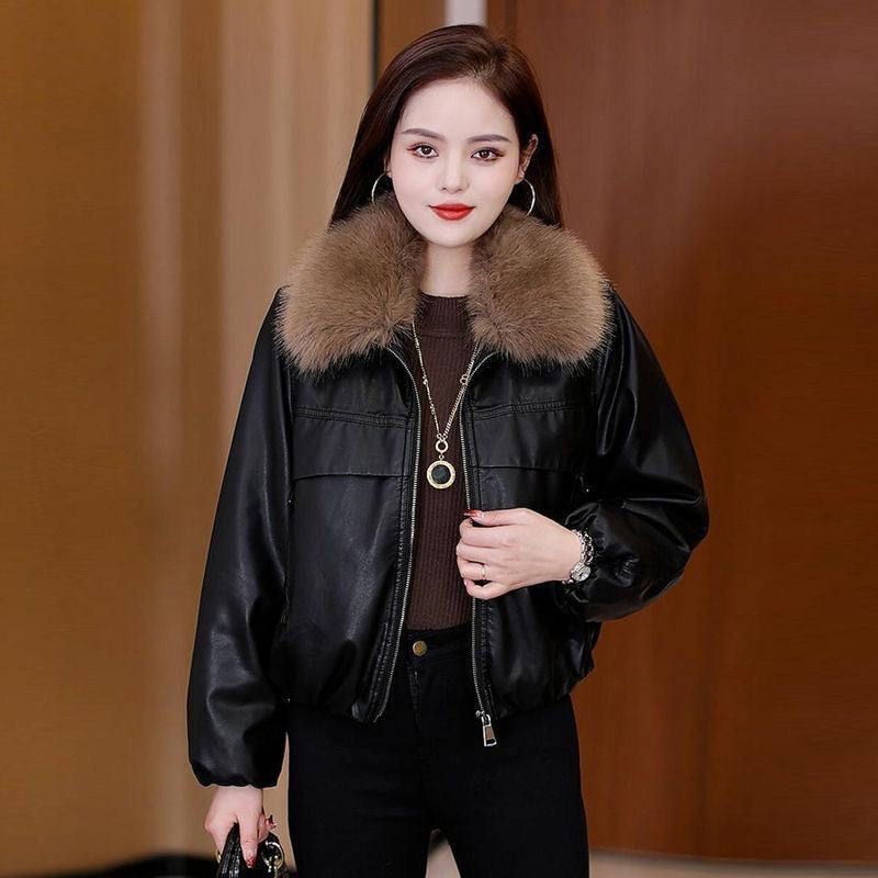 Women’s Fur Collar Leather Short Jacket
