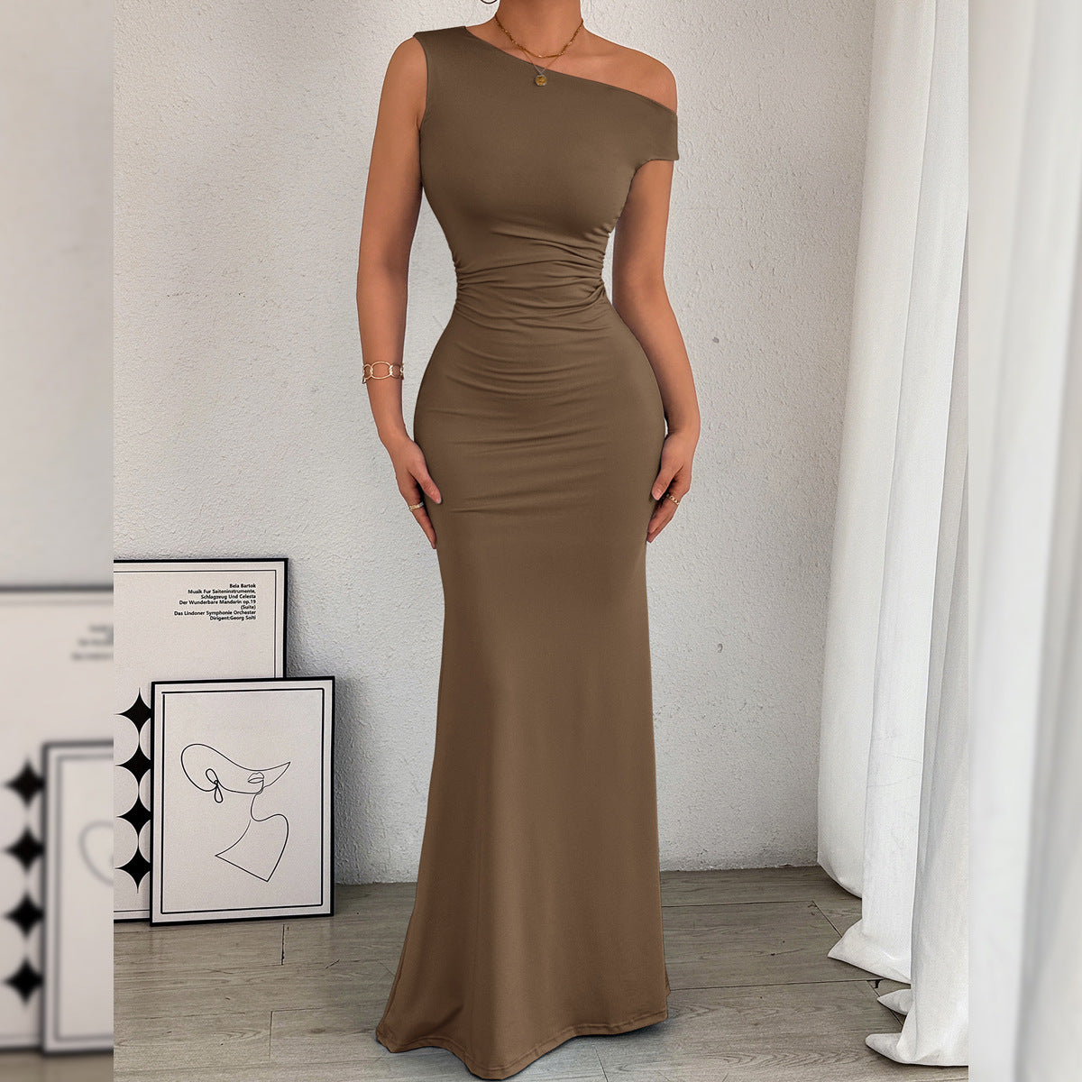 Women’s One-Shoulder Pleated Mermaid Dress