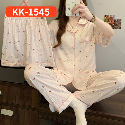 Women’s Korean Style Striped Bow 3-Piece Pajama Set