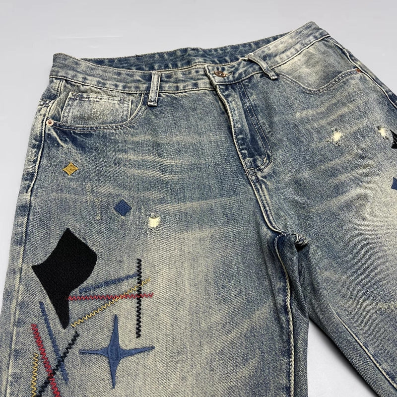 Men’s Heavy Washed Embroidered Patch Straight Jeans
