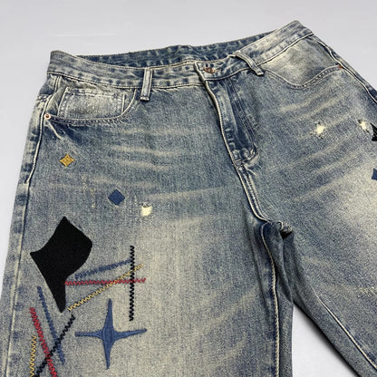 Men’s Heavy Washed Embroidered Patch Straight Jeans