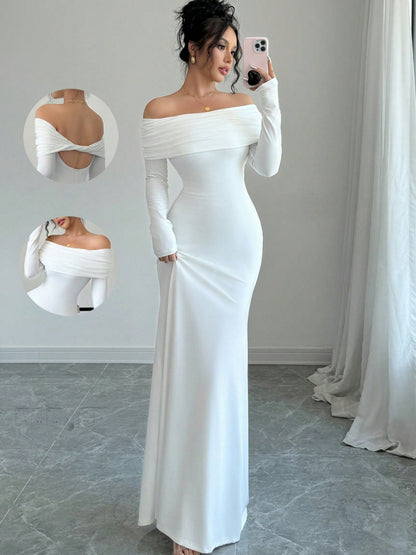 Women’s Off-Shoulder Cross-Back Evening Maxi Dress