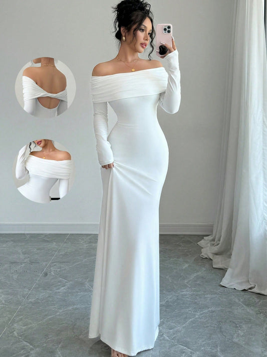 Women’s Off-Shoulder Cross-Back Evening Maxi Dress